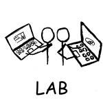 Two stick figures working on laptops with the word LAB spelled below.