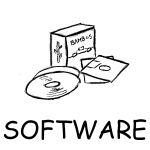 A box, several CDs and floppy discs symbolizing software. The word SOFTWARE is written below.