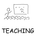 A drawing of a stick figure pointing at a screen and multiple stylized heads symbolizing an audience. The word TEACHING is spelled below.