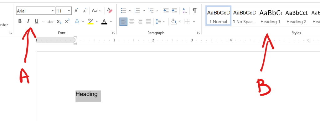 Screen-shot of MS Word interface highlighting with A the menu that allows one to change fonts and text properties, and with B the menu that allows one to assign a specific style to the highlighted text.