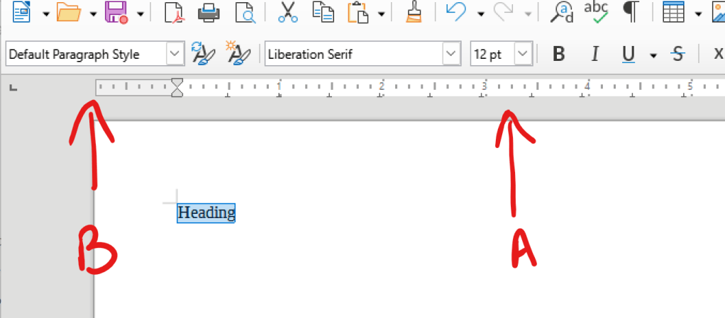 Screen-shot of LibreOffice interface highlighting with A the menu that allows one to change fonts and text properties, and with B the menu that allows one to assign a specific style to the highlighted text.